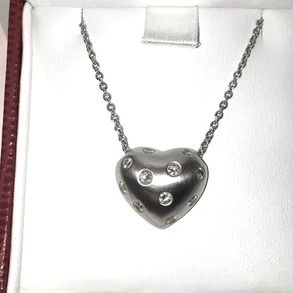 Solid Stamped 14K White Gold Natural Diamond Chunky Heart Pendant Necklace - Picture 4 of 16